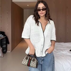 ZARA Cream Crochet Knit Short Sleeve Cardigan Top | Button Front Boho